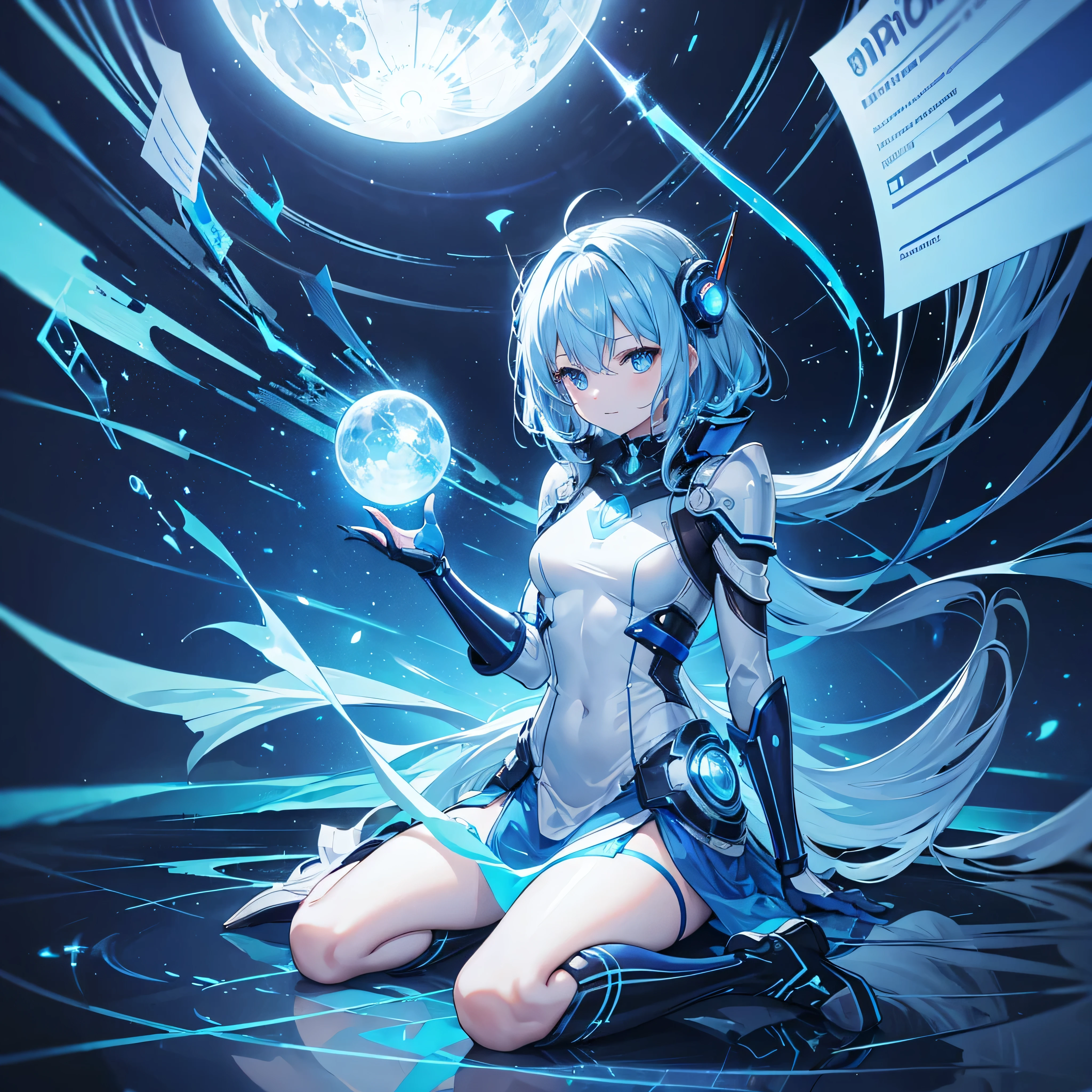 8K, Highest quality, (real:1.4), Original photo, 1 girl, Asari Hair, Biological Amplifier, Very sleek and futuristic armor, posture: Peace talks between warring factions,,attention arousal, smart blue eyes,A modest smile,Knee-high boots,Patent-look blue tights,Blue big moon and blue light swirl in the background,Blue light from behind,blue light magic,A small, glowing blue ball in the palm of your hand,Blue flame swirl,Blue Comet,Polished floor,