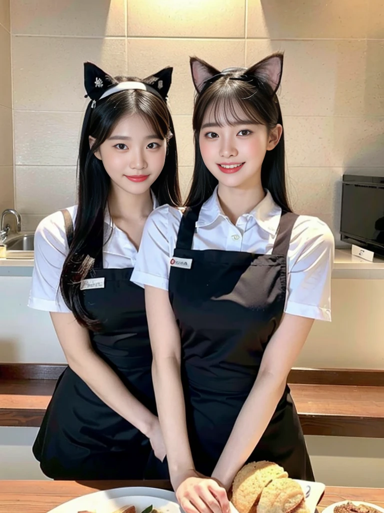 (Super cute Korean high school girl waitress duo look into the camera:1.2)(grin,Smile)(Beautiful Sweat:1.1)(16K, RAW Photos, Highest quality, masterpiece: 1.2),(Cat ears made with beautiful black hair) Super detailed, Super Resolution, (Genuine, Genuine photos: 1.37), Portraiture, High-resolution RAW color photos, Professional photos, Very detailed, 8k wallpaper, Very detailed CG Unity 8k wallpaper, Very detailed beautiful girls, Very detailed faces, ((whole body)), beautiful woman, Huge breasts,(huge boobs:1.1) (Big Boobs:1.1), Beauty college student (Naked Apron:1.1),high school girl, Korean Girls,(K-POP Female Idols), (Idol-class beauty)(Beautiful high school girl:1.1)(Nice restaurant)(18-year-old)(Waitress costumes:1.1)(Group photo:1.1)(:1.0)(NSFW)