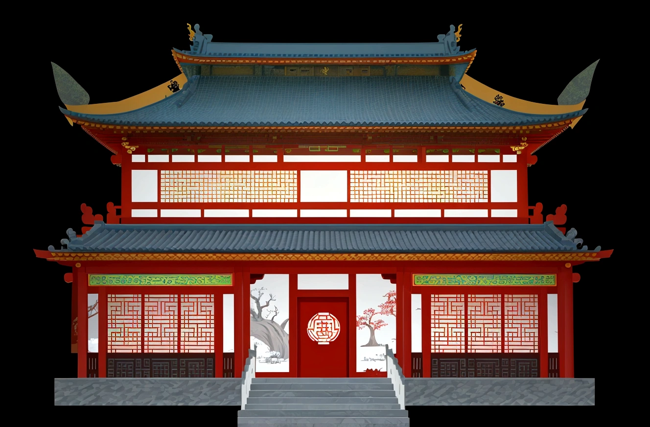 illustration of a traditional chinese house with a red door and a green roof, japanese house, digital painting of a pagoda, chinese building, temple background, zen temple background, japanese temple, an extremely detailed building, inspired by Shūbun Tenshō, artwork in the style of z.w. gu, background depicting a temple, korean traditional palace