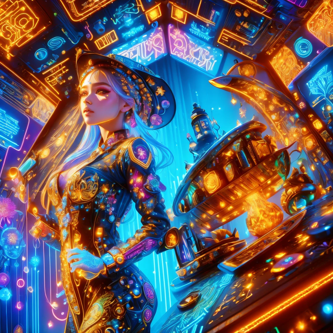 (neon),circuit board,(1 girl:1.3),(beautiful girl:1.2),extremely detaild,(Fractal Art:1.2),colorfully,the most detailed,(zentangle neon:1.2),(dynamic poses),(neon几何背景:1.5),(red wedding dress:1.2),(shining skin),(many colors:1.4),black art,(magic shape,face highlight),chic,texture,Light and Shadow Art,sun on face,Cardamom age,(Exquisite and perfect behavior:1.3),(to dream),(cowboy shot:1.8), (ultra HD, work of art, precise, anatomically correcte, texturized skin, high détail, high qualiy, The awardee, 8K)