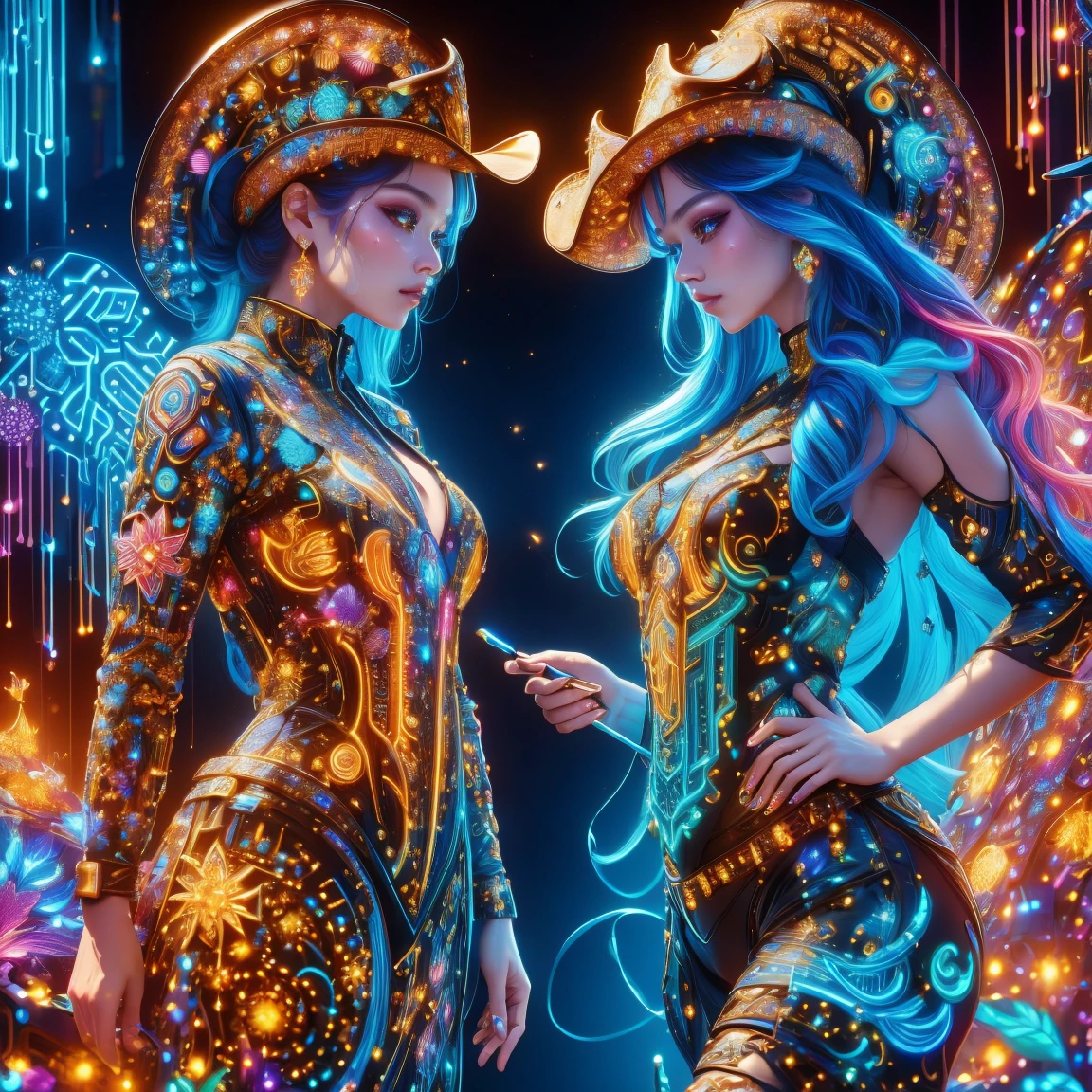 (neon)，circuit board，(1 girl:1.3)，(beautiful girl:1.2)，extremely detaild，(Fractal Art:1.2)，colorfully，the most detailed，(zentangle neon:1.2)，(dynamic poses)，(neon几何背景:1.5)，(red wedding dress:1.2)，(shining skin)，(many colors:1.4)，black art，(magic shape，face highlight)，chic，texture，Light and Shadow Art，sun on face，Cardamom age，(Exquisite and perfect behavior:1.3)，(to dream)，(cowboy shot:1.8), (ultra HD, work of art, precise, anatomically correcte, texturized skin, high détail, high qualiy, The awardee, 8K)