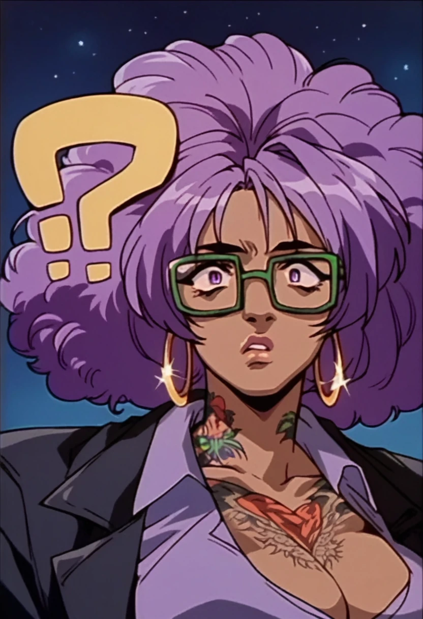beautyful brown woman, brown skin, huge full afro purple hair, black lipistick, full lips, purple shirt, purple eyes, black jacket, hoop earring, green glasses, dragon tattoo, night, confused
