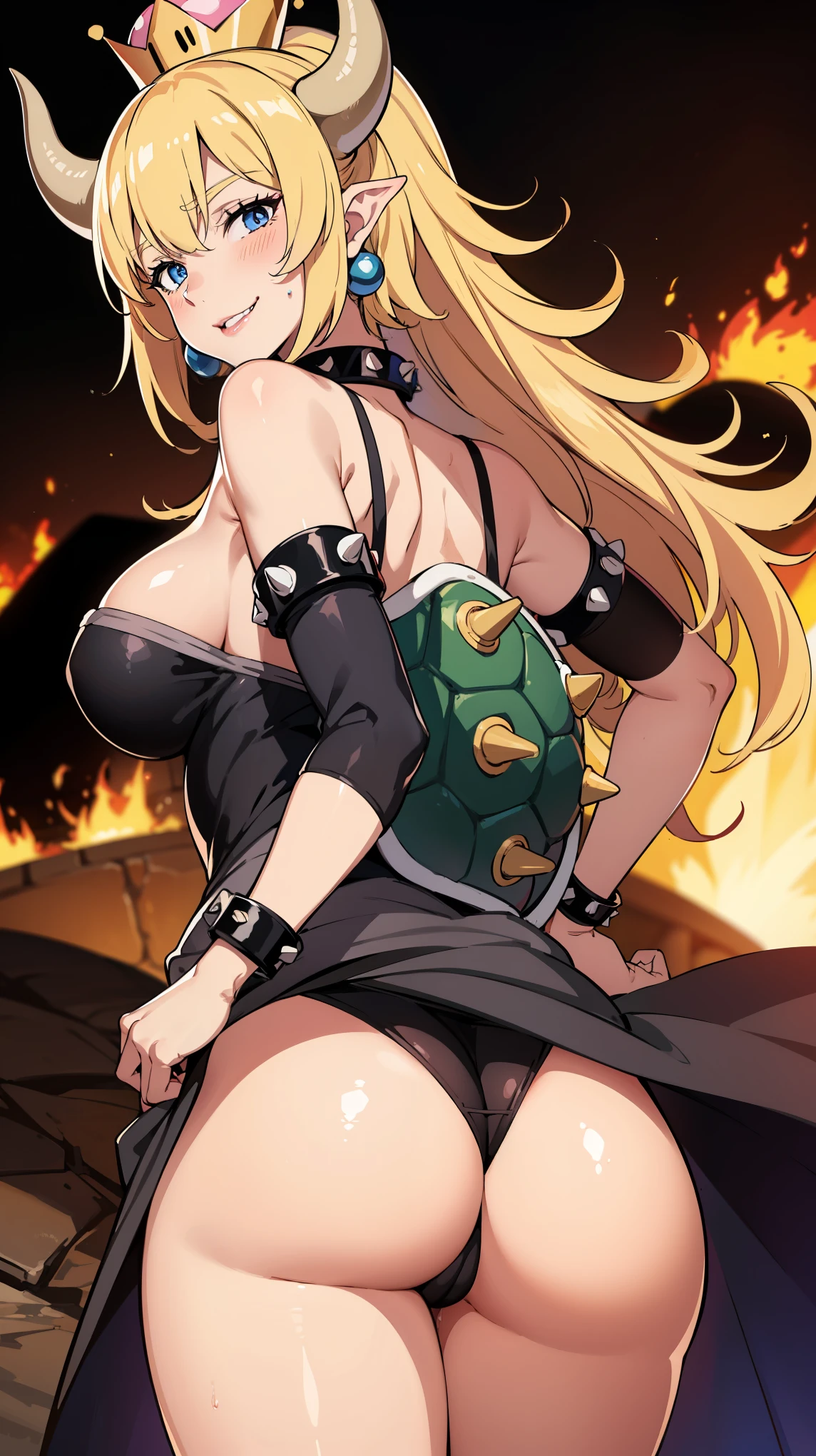 best quality, high resolution, large breasts, blonde hair, blush, Evil smile, cowboy shot, looking at viewer, bowsette, pink lip, in a volcano with lava, (((sexy shoulders))), (((shoulders Focus))), (((ass)))