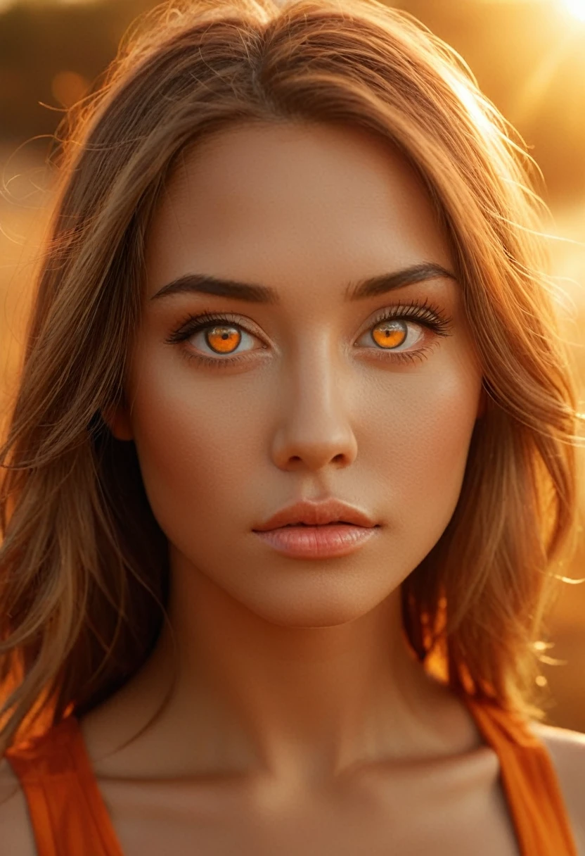 ((A mesmerizing girl in an orange crop top)) with golden, crystal-like eyes, rendered in fine details. Breathtaking artwork in a painterly art style, exhibiting high quality and 8k resolution. The piece boasts exquisite composition and lighting, achieving masterpiece status. Captured during the golden hour, the soft focus highlights an epic fantasy atmosphere with vibrant color grading. Shot from a high-angle and dramatic extreme angles, the image features bright color grading, close-up portraiture, sun flares, and long exposure. Soft focus and depth of field are meticulously maintained in this 8k photo, enhanced with HDR and professional lighting. Taken with a Canon EOS R5 and a 75mm lens, the artwork includes low-angle shots and extreme close-ups to intensify its allure.