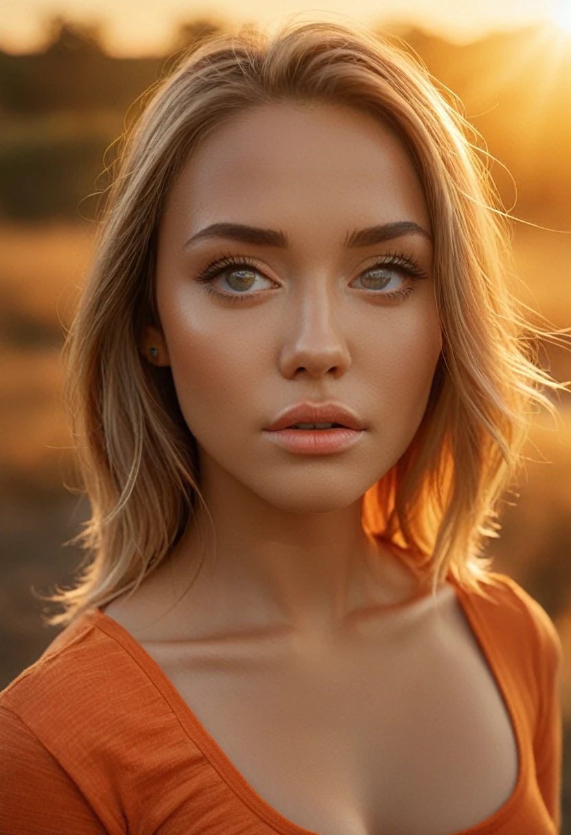 ((A mesmerizing girl in an orange crop top)) with golden, crystal-like eyes, rendered in fine details. Breathtaking artwork in a painterly art style, exhibiting high quality and 8k resolution. The piece boasts exquisite composition and lighting, achieving masterpiece status. Captured during the golden hour, the soft focus highlights an epic fantasy atmosphere with vibrant color grading. Shot from a high-angle and dramatic extreme angles, the image features bright color grading, close-up portraiture, sun flares, and long exposure. Soft focus and depth of field are meticulously maintained in this 8k photo, enhanced with HDR and professional lighting. Taken with a Canon EOS R5 and a 75mm lens, the artwork includes low-angle shots and extreme close-ups to intensify its allure.