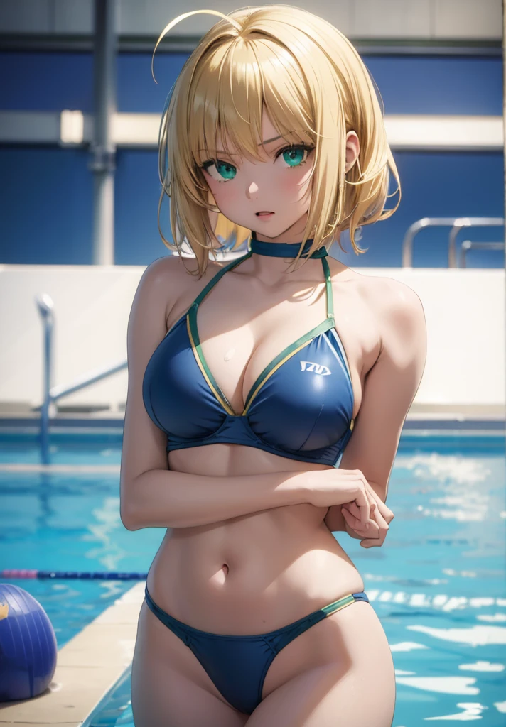 1girl,masterpiece, best quality, high resolution, green eyes, blue school swimsuit, school swimsuit, big breasts, nice breasts, pretty, blonde hair, blonde, ahoge hair swimming pool, pool :o
