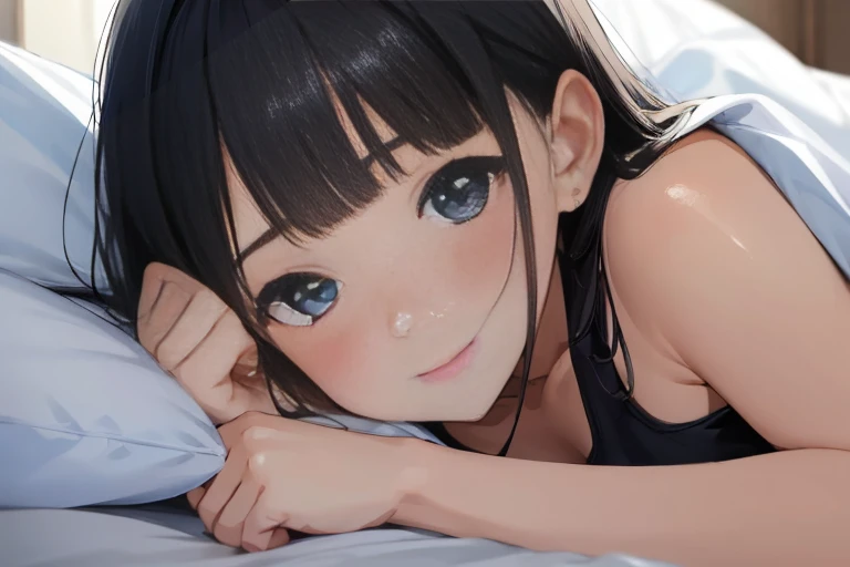 masterpiece、Highest quality、1 female、Very detailed Black Hair、Blunt bangs blue eyes、Detailed depiction of the eyes smile、blush Tank top Face is close、Face close-up、Bring your face closer Sheetに寝転がる、Lie down Sheet