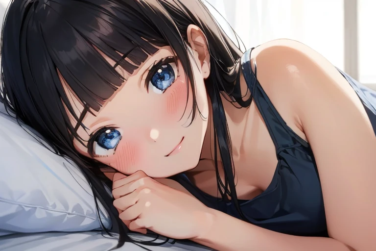 masterpiece、Highest quality、1 female、Very detailed Black Hair、Blunt bangs blue eyes、Detailed depiction of the eyes smile、blush Tank top Face is close、Face close-up、Bring your face closer Sheetに寝転がる、Lie down Sheet