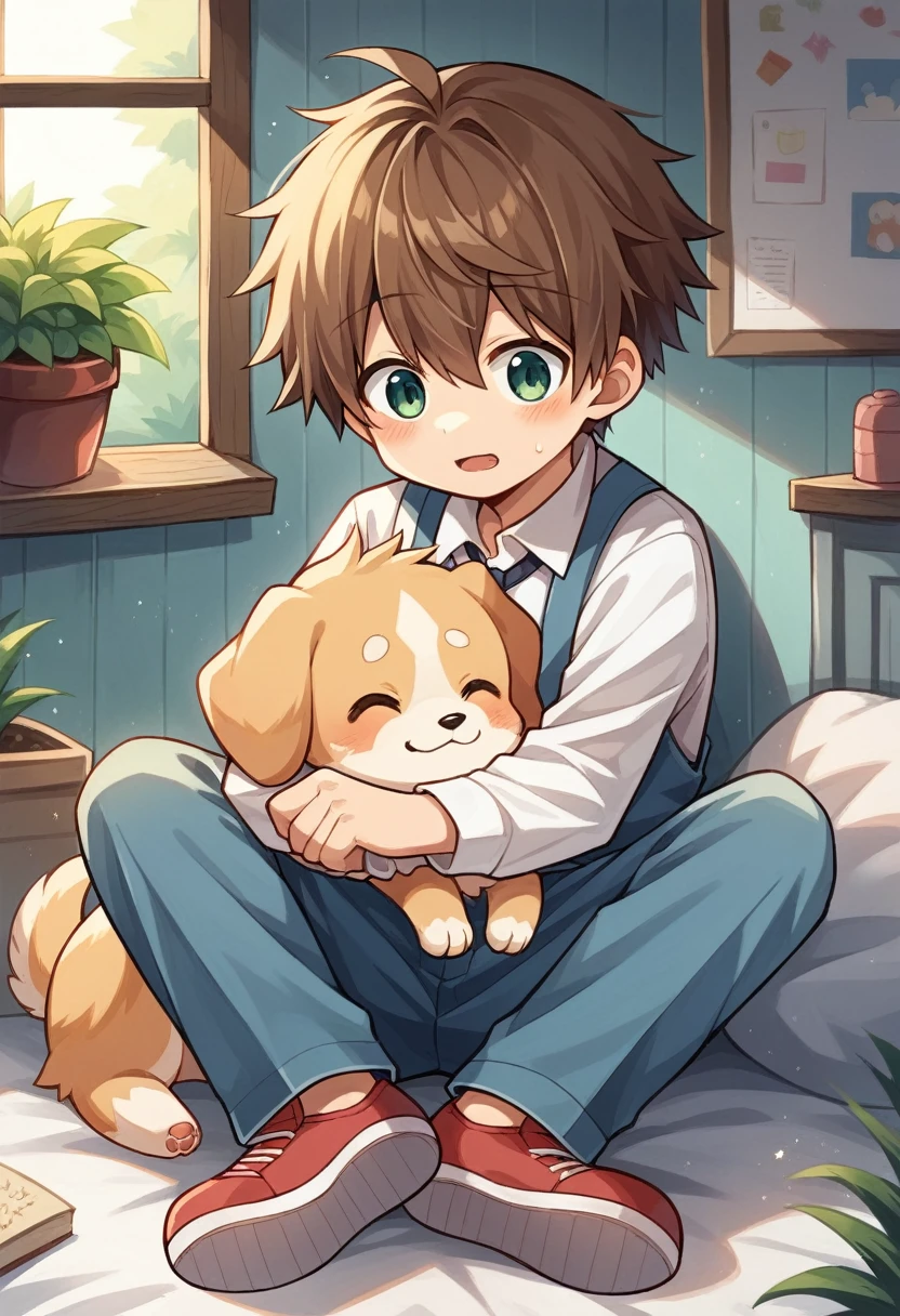 anime boy sitting with dog and house in background, a digital painting by Kun Can, pixiv contest winner, shin hanga, artwork in the style of guweiz, guweiz and makoto shinkai, cute detailed artwork, lofi art, cute detailed digital art, cute art style, lofi artstyle, guweiz, lofi