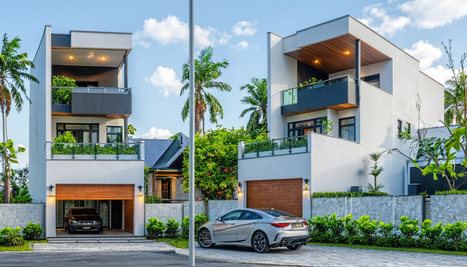 raw photo, Masterpiece, high quality, best quality, authentic, super detail, outdoors, onestoreyvillaXL, aiaigroup, house style modern on the street ,stairs, white wall ,road,pavement, grass, trees, sky, cloud, (daylight:1.1)