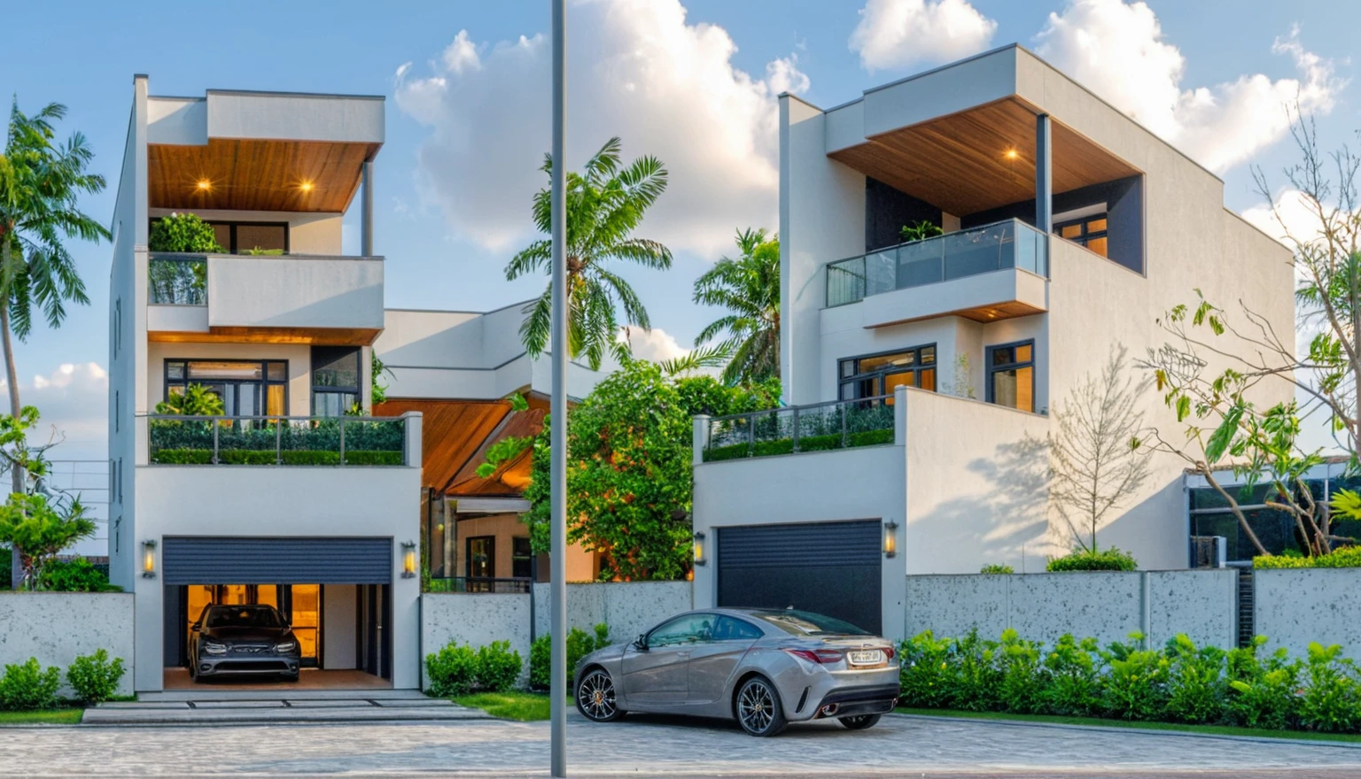 raw photo, Masterpiece, high quality, best quality, authentic, super detail, outdoors, onestoreyvillaXL, aiaigroup, house style modern on the street ,stairs, white wall ,road,pavement, grass, trees, sky, cloud, (daylight:1.1)
