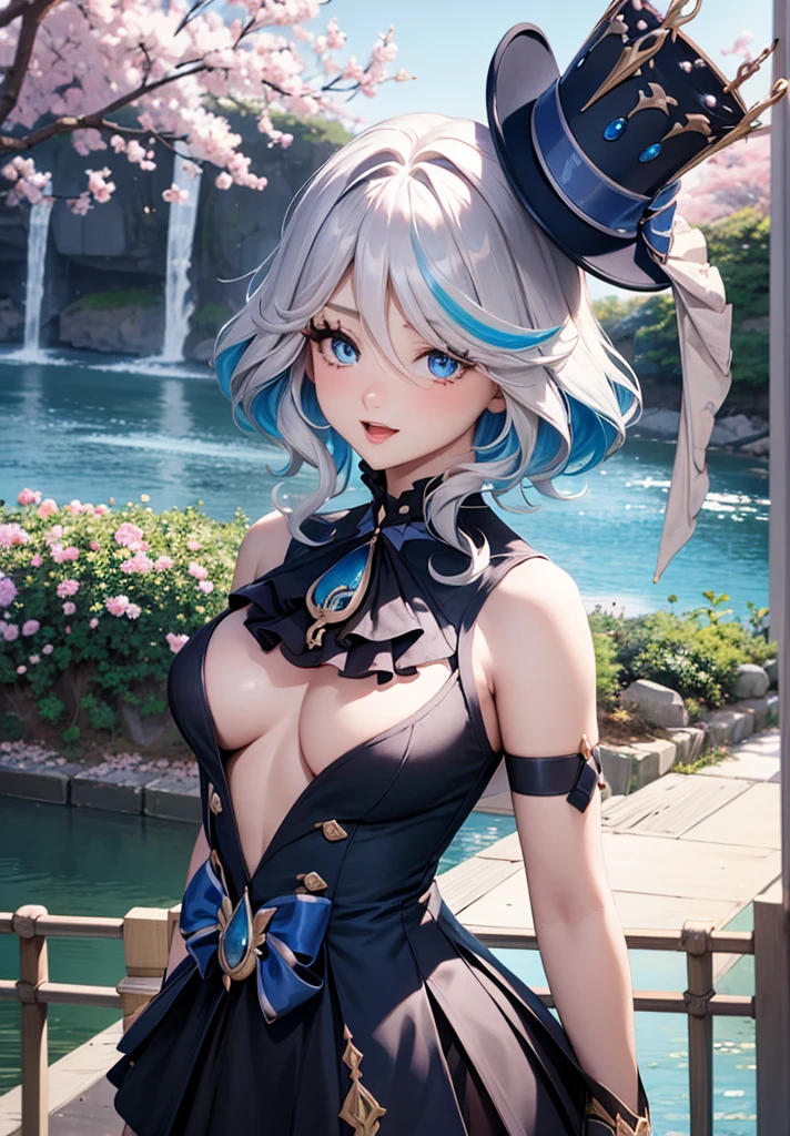 masterpiece, best quality, ultra detailed, bright, glow light, ray tracing, HDR, depth of field (perfect face, detailed face, detailed eyes, perfect hands), (medium breasts: 1.2), 8k, HD, ultra realistic face, ray tracing, perfect lighting, best quality, bright and ultra detailed eyes, (looking at viewer, open mouth smile: 1.1), ((1 girl)), (mature woman: 1.4 ), cowboy photo, thighs, point of view, furina, long hair, hair over one eye ((gradient hair)), multicolored eyes, gradient eyeright eyes: 1.5), mascara, (fashion makeup), half-open lips, blush, neckline, hat, jewelry, short neckline, blue neckline, flower, white miniskirt, black gloves, miniskirt, short skirt, blue neckline, brooch, gem, blue hats, blue flower, hat flower, blue rose, tilted hats, blue gemstone, blue scan the middle of the Japanese countryside, Japanese bridge, over the bridge, river, cherry trees, cherry petals, dark blue sky, Koi in the river)), (complex background, many elements in the background: 1.2), ((super detailed background )), lover poses, ((8k wallpaper)),