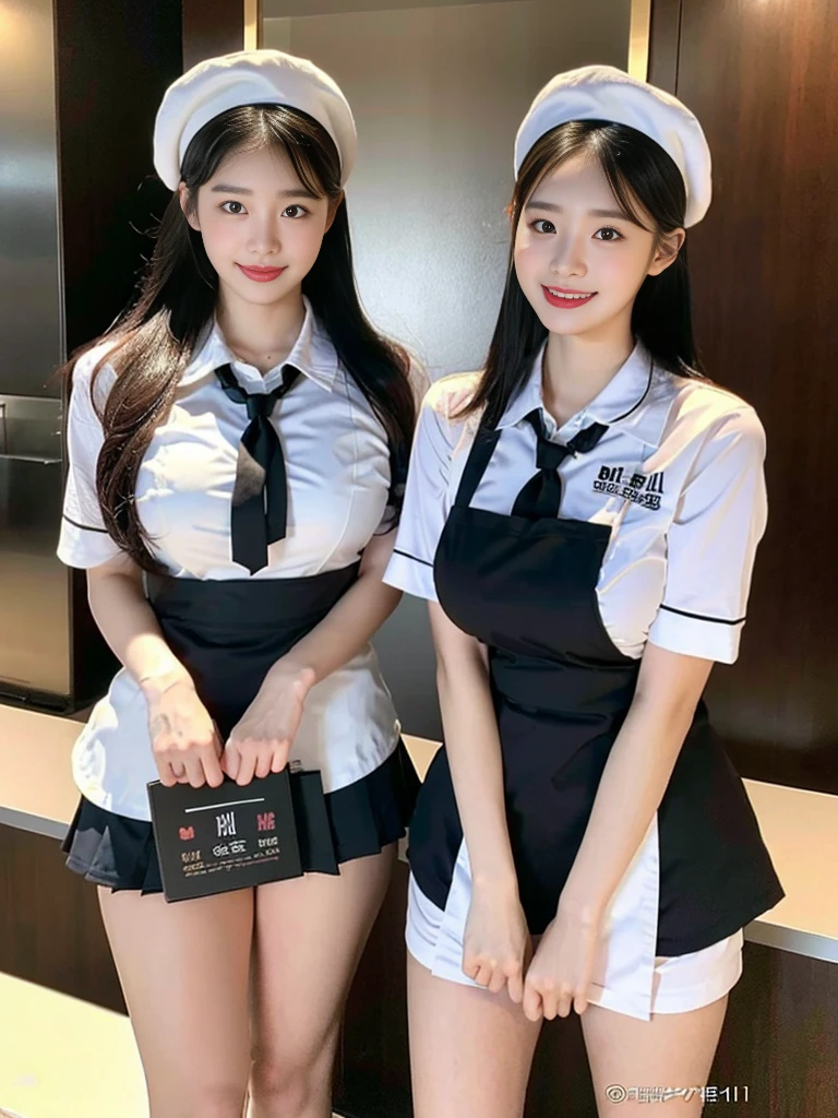 (Super cute Korean high school girl waitress duo look into the camera:1.2)(grin,Smile)(Beautiful Sweat:1.1)(16K, RAW Photos, Highest quality, masterpiece: 1.2),(Black cat-like hairstyle) Super detailed, Super Resolution, (Genuine, Genuine photos: 1.37), Portraiture, High-resolution RAW color photos, Professional photos, Very detailed, 8k wallpaper, Very detailed CG Unity 8k wallpaper, Very detailed beautiful girls, Very detailed faces, ((whole body)), beautiful woman, Huge breasts,(huge boobs:1.1) (Big Boobs:1.1), Beauty college student (Naked Apron:1.1),high school girl, Korean Girls,(K-POP Female Idols), (Idol-class beauty)(Beautiful high school girl:1.1)(Nice restaurant)(18-year-old)(Waitress costumes:1.1)(Group photo:1.1)(:1.0)(NSFW)