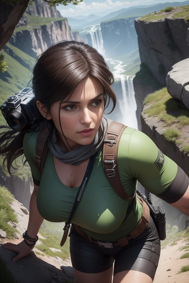 Create an illustration of Lara Croft using modern technology to explore a difficult-to-reach or dangerous area. Lara is in a rugged, remote landscape, possibly a dense jungle or rocky mountain terrain. She is operating a high-tech drone, looking at a tablet or control device to view the live feed from the drone's camera. Around her, there are various pieces of advanced equipment, such as portable cameras, GPS devices, and other tech gadgets. Lara is dressed in her iconic adventure gear, looking focused and determined as she uses the technology to scout the area. The environment should be detailed, with hints of ancient ruins or hidden paths that she is investigating. The overall atmosphere should reflect a blend of adventure, cutting-edge technology, and the thrill of exploration.