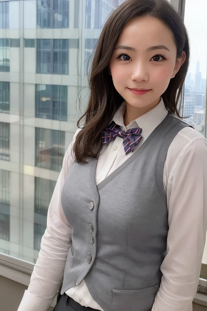 1girl, matured female, vest, bow, photo, realistic, best quality, hires, detailed face, office, buildings from window, detailed background, diffused sunlight, depth of field, bokeh