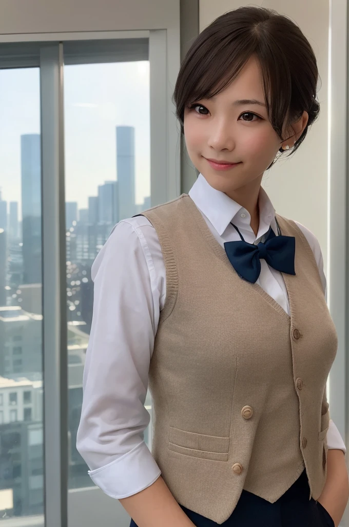1girl, matured female, vest, bow, photo, realistic, best quality, hires, detailed face, office, buildings from window, detailed background, diffused sunlight, depth of field, bokeh