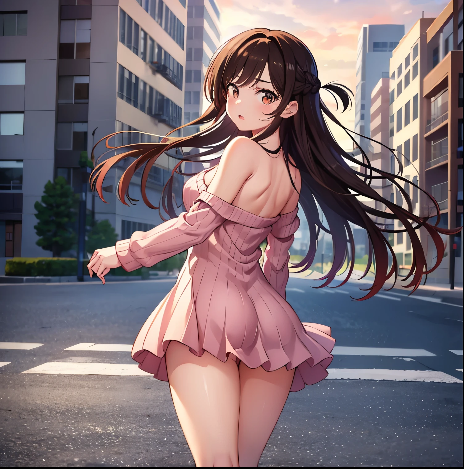 1 girl, alone, chizuru mizuhara, (masterpiece, best quality), ultra detailed, sharp focus, detailed background, detailed eyes, dynamic pose, cowboy shot, curvy body, perfect fingers, looking at viewer, brown hair, long hair , bangs, one side up, braid, brown eyes, ((light pink sweater dress, ribbed sweater, bare back, bare arms, collarbone, bare legs, pink shoes)), large breasts, narrow waist, wide hips, medium thighs , round butt,((only)),((standing,outdoors,cityscape,urban background, buildings, street, adjust hair, wind, hair in the wind)) , looking back , from behind,(( focus on ass)), pov: (from below), perfect anatomy, perfect hands