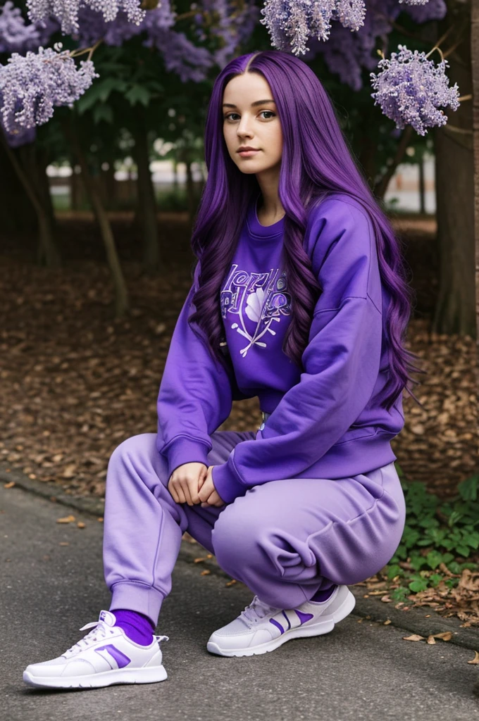 A 20 year old girl with long purple hair, one purple leaf and one royal blue, a lilac top and a darker purple sweatshirt, big pants that fit loosely, with purple tennis shoes