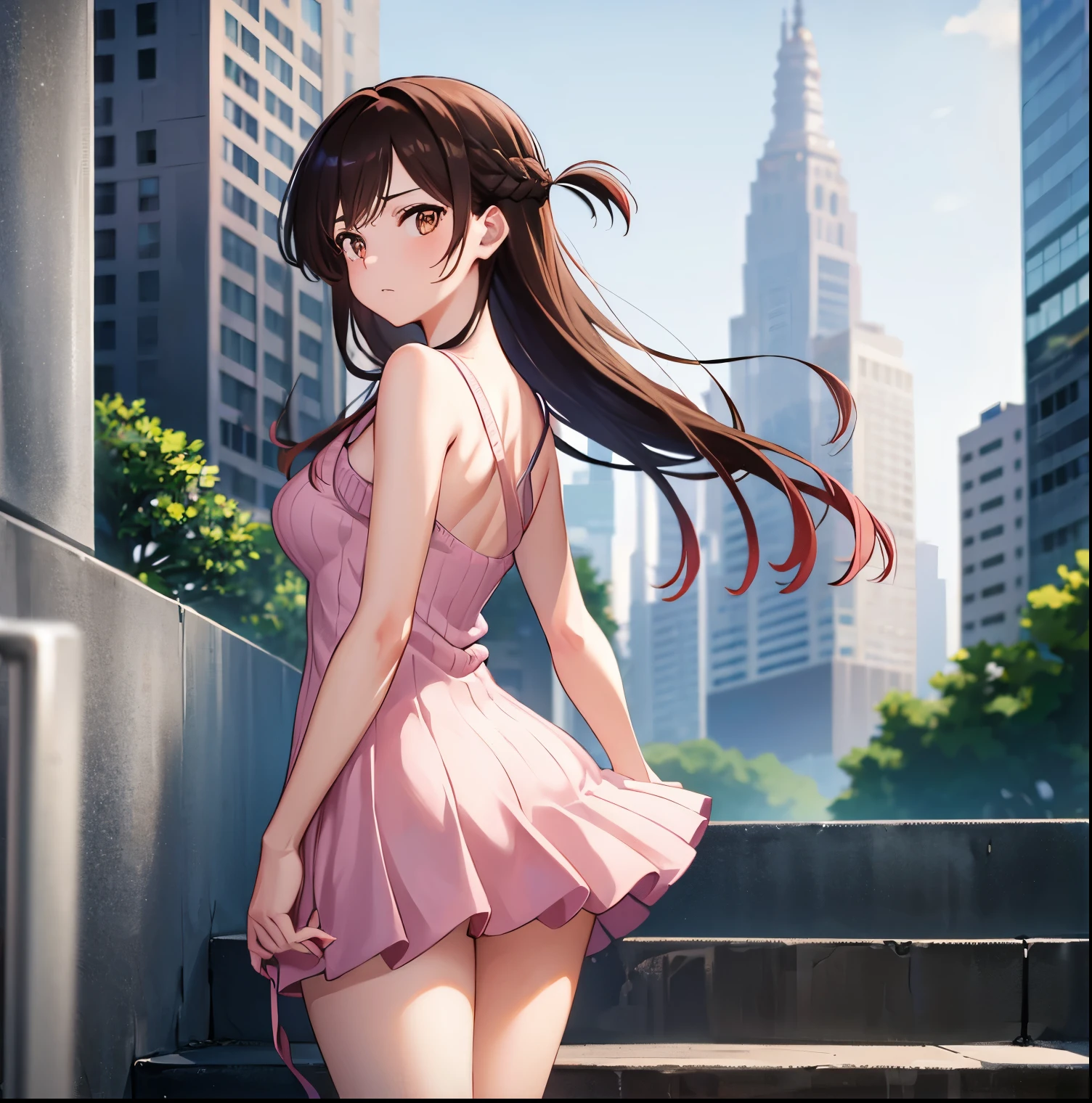 1 girl, alone, chizuru mizuhara, (masterpiece, best quality), ultra detailed, sharp focus, detailed background, detailed eyes, dynamic pose, cowboy shot, curvy body, perfect fingers, looking at viewer, brown hair, long hair , bangs, one side up, braid, brown eyes, ((light pink sweater dress, ribbed sweater, bare back, bare arms, collarbone, bare legs, pink shoes)), large breasts, narrow waist, wide hips, medium thighs , round butt,((only)),((standing,outdoors,cityscape,urban background, buildings, street, adjust hair, wind, hair in the wind)) , looking back , from behind,(( focus on ass)), pov: (from below), perfect anatomy, perfect hands