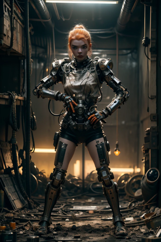 A highly detailed and realistic skull girl,( Anya. Taylor Joy) cyberpunk character, mad max furiosa, one hand robot, cyborg arm, orange hair, dramatic metal heavy rock theme, best quality, 8k, hyperrealistic, photorealistic, extreme detailed painting, studio lighting, vivid colors, dark moody atmosphere, cinematic, dramatic pose, intricate mechanical details, glowing energy effects, intense gritty textures, seamless integration of organic and inorganic elements. Wearing the used clothes of a wastelander. Background: An apocalyptic wasteland. Dusty and depressing.