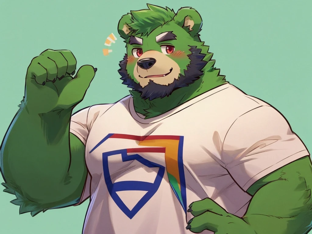 anthro, kemono, male, solo, (((green bear))), (((green fur))), green hair, red eyes, beard, white eyebrows, sexy, blush, wink, simple background, wear a white t-shirt, wave a big lgbt flag,