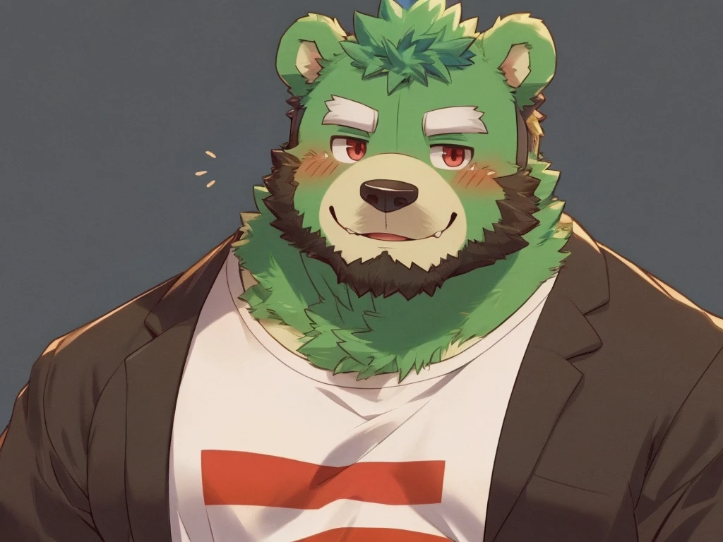 anthro, kemono, male, solo, (((green bear))), (((green fur))), green hair, red eyes, beard, white eyebrows, sexy, blush, wink, simple background, wear a white t-shirt, wave a big lgbt flag,