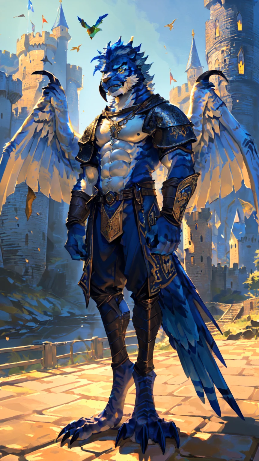 ((middle Ages:1.3,Castle Background:1.6)),(Royal Family:1.2),sunny,high resolution,4K,【Strike a pose:1.5】,masterpiece,high quality,((Griffin)),male,Furry,(ager:1.3),hairy,((Fierce and vicious:1.4)),(((strong:1.4,Big Wings:1.3,Bird claws子:1.3))),(((Blue head:1.3,White abs:1.4))),(((White Wings:1.3))),(((Golden pupils:1.2))),(((Bird claws:1.3))),(((Long legs:1.3))),((No shirt,No underwear)),Exquisite eyes,Detailed body,Detailed claws,Detailed feet,Kenket's Art