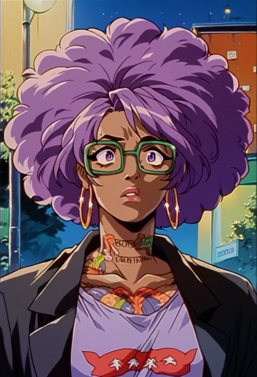 beautyful brown woman, brown skin, black skin, huge full afro purple hair, black lipistick, full lips, purple shirt, purple eyes, black jacket, hoop earring, green glasses, dragon tattoo, night, confused
