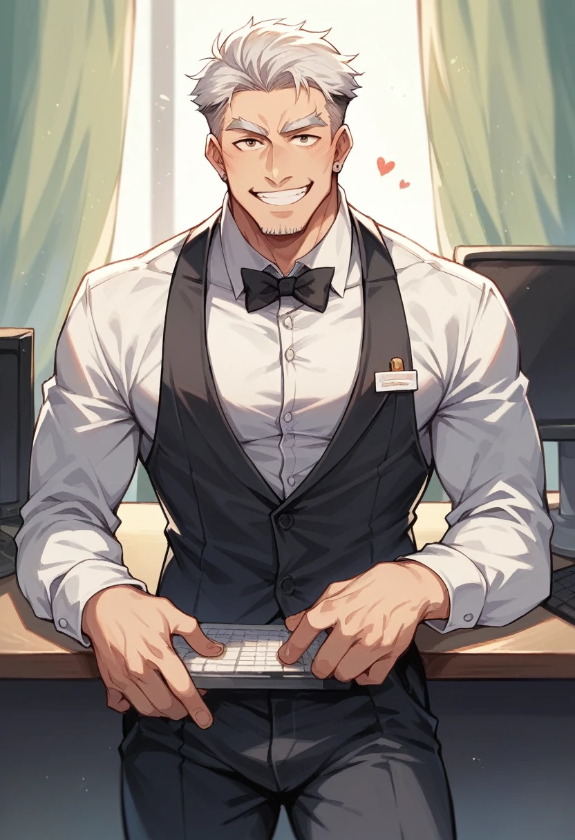 Create Claudio, a 47-year-old man, unshaven, good-looking, wearing formal clothes, he is a manager of a technology company, he is smiling in front of his computer