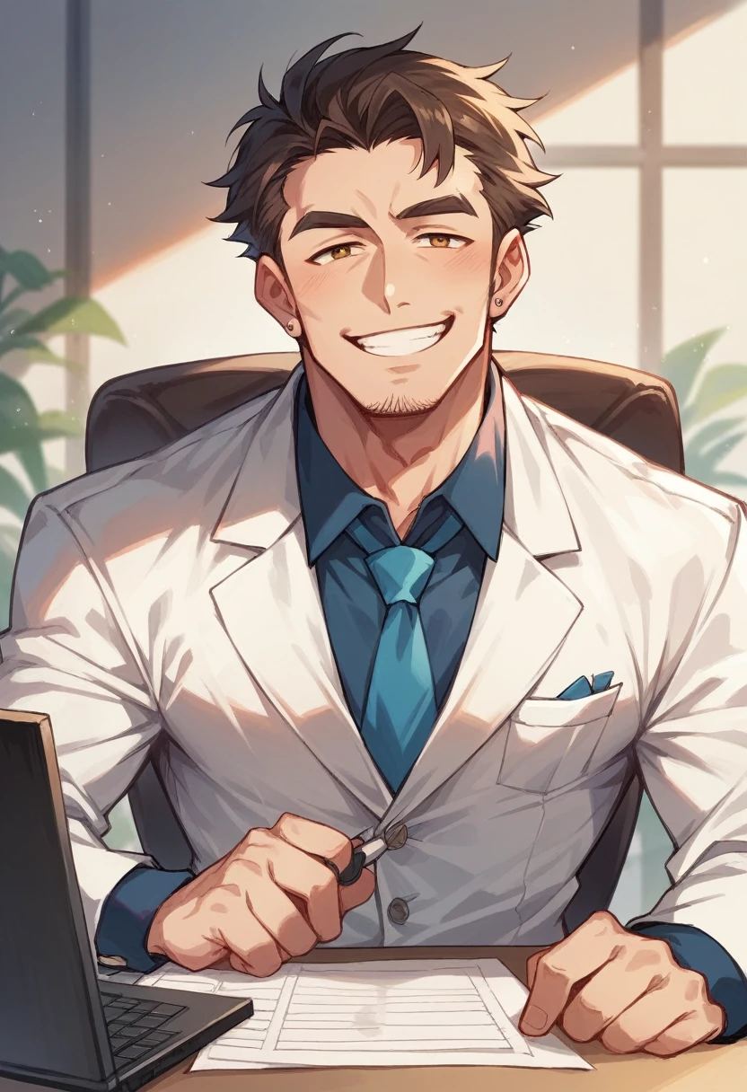 Create Claudio, a 47-year-old man, unshaven, good-looking, wearing formal clothes, he is a manager of a technology company, he is smiling in front of his computer