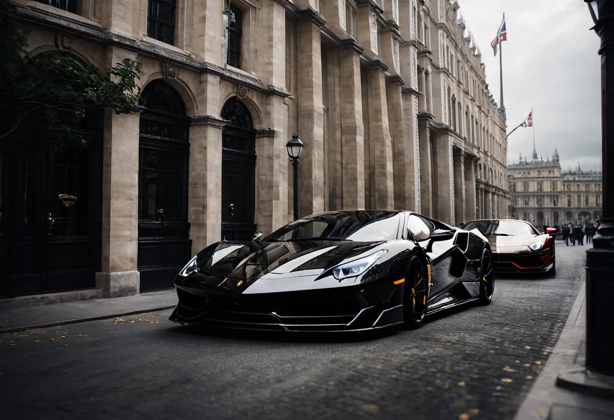 Stunning close-up of tree luxury cars, a Ferrari, Ford, Lamborghini, very close, both dark in color, standing side by side, very close, headlights facing the viewer, very close. There are starting flags in front of the cars. The glossy paint of cars reflects light, emphasizing their elegant and expensive design. There are starting flags in front of the cars. The surrounding decor is rich and glamorous, dark, further enhancing the feeling of high-end competition. The atmosphere is electric and conveys the excitement and intensity of a prestigious sports car race. dark background