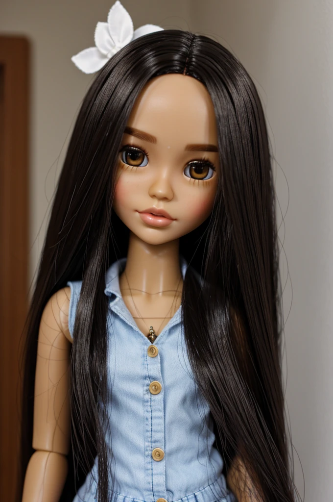 one Blythe doll dark hair, light skin, straight hair and let your forehead be seen