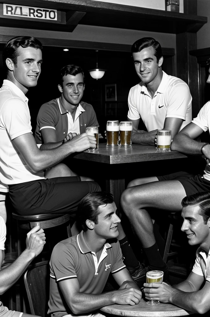 4 male tennis players from the 60s in an English pub celebrating with beers