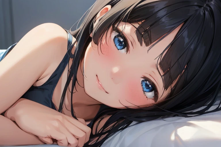 masterpiece、Highest quality、1 female、Very detailed　Black Hair、Blunt bangs　blue eyes、Detailed depiction of the eyes　smile、blush　Tank top　Face is close、Face close-up、Bring your face closer　Sheetに寝転がる、Lie down　Sheet