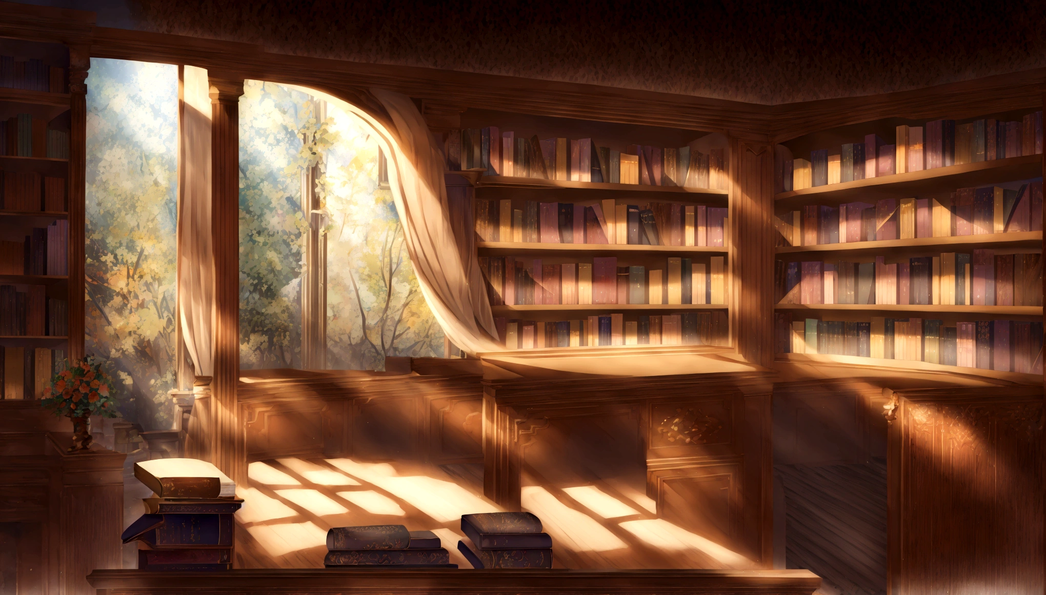 there is a room with a desk, bookshelf, and a window, anime background art, library background, alchemist library background, interior background art, personal room background, relaxing concept art, elegant study, wooden desks with books, studio glibly makoto shinkai, anime scenery concept art, library interior background, style of madhouse studio anime, fancy library