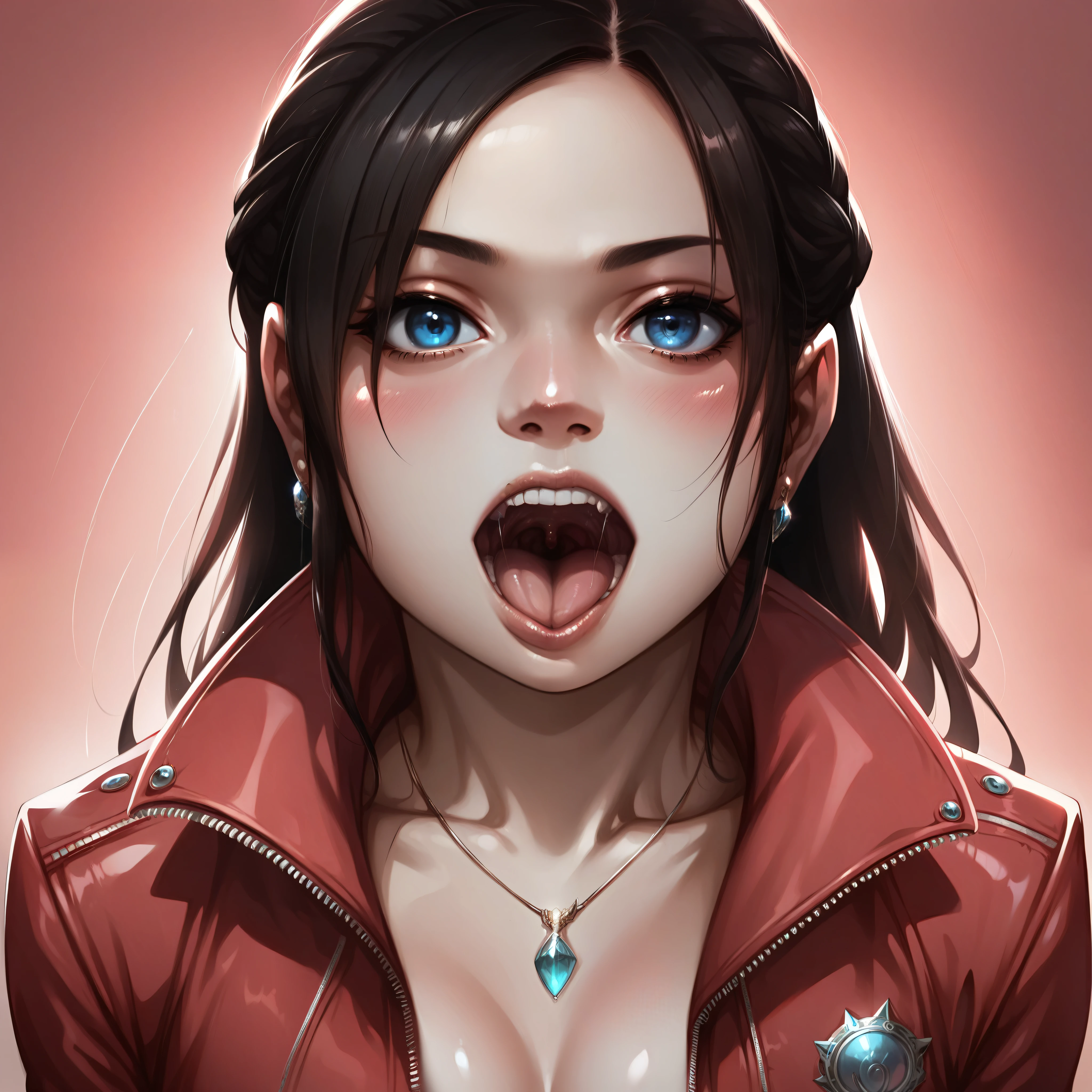 score_9, score_8_up, score_7_up, Claire redfield,  jewelry, black hair, blue eyes, red jacket, jacket, necklace, long hair, braid, realistic, upper body, looking at viewer, detailed mouth, mesmerizing mouth, high definition mouth, focus on mouth, best quality, detailed, absurd resolution, absurd detail, intricate details, vibrant colors, ultra-realistic, open mouth,