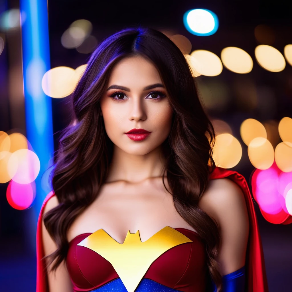 cinematic photo proffesional fashion close up photography of a beautiful ((((ah, Woman)))) dressed as a super girl Cosplay,(brunette hair), nikon z9, 35mm bokeh photography, film, bokeh, proffesional, 4K, highy detailed,stomach showing