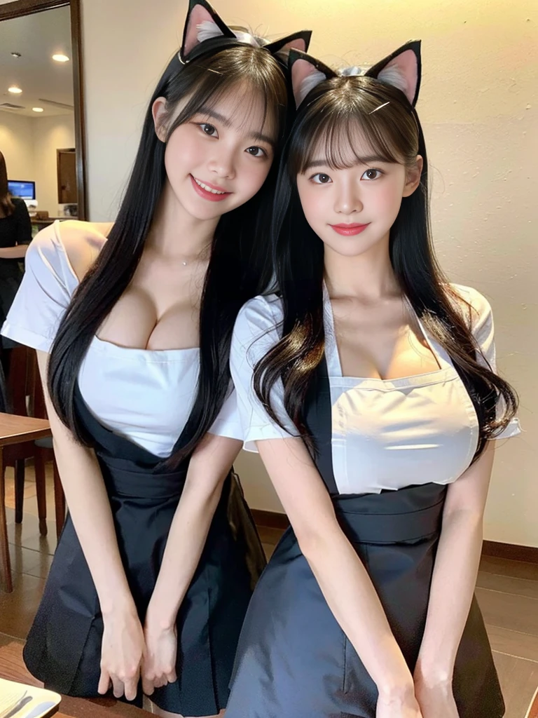 (Super cute Korean high school girl waitress duo look into the camera:1.2)(grin,Smile)(Beautiful Sweat:1.1)(16K, RAW Photos, Highest quality, masterpiece: 1.2),(Cat ears made with beautiful black hair) Super detailed, Super Resolution, (Genuine, Genuine photos: 1.37), Portraiture, High-resolution RAW color photos, Professional photos, Very detailed, 8k wallpaper, Very detailed CG Unity 8k wallpaper, Very detailed beautiful girls, Very detailed faces, ((whole body)), beautiful woman, Huge breasts,(huge boobs:1.1) (Big Boobs:1.1), Beauty college student (Naked Apron:1.1),high school girl, Korean Girls,(K-POP Female Idols), (Idol-class beauty)(Beautiful high school girl:1.1)(Nice restaurant)(18-year-old)(Waitress costumes:1.1)(Group photo:1.1)(:1.0)(NSFW:1.2)