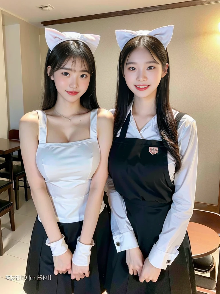 (Super cute Korean high school girl waitress duo look into the camera:1.2)(grin,Smile)(Beautiful Sweat:1.1)(16K, RAW Photos, Highest quality, masterpiece: 1.2),(Cat ears made with beautiful black hair) Super detailed, Super Resolution, (Genuine, Genuine photos: 1.37), Portraiture, High-resolution RAW color photos, Professional photos, Very detailed, 8k wallpaper, Very detailed CG Unity 8k wallpaper, Very detailed beautiful girls, Very detailed faces, ((whole body)), beautiful woman, Huge breasts,(huge boobs:1.1) (Big Boobs:1.1), Beauty college student (Naked Apron:1.1),high school girl, Korean Girls,(K-POP Female Idols), (Idol-class beauty)(Beautiful high school girl:1.1)(Nice restaurant)(18-year-old)(Waitress costumes:1.1)(Group photo:1.1)(:1.0)(NSFW:1.2)