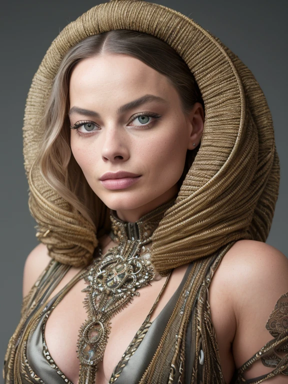 Margot Robbie Biomechanical hacker - shaman of the sisterhood of cables wearing cable - dress made of cables with biomechanical filigree, super haute couture highly detailed eye, highly detailed lips, highly detailed skin, bokeh, lenseflare, by Emil Melmoth, Marcin Nagraba, Rebecca Millen, shot with Hasselblad X1D - 50c