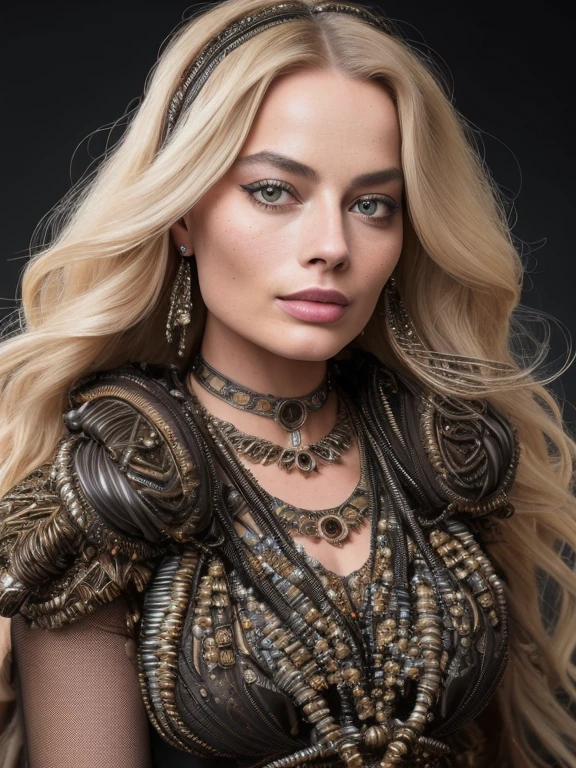 Margot Robbie Biomechanical hacker - shaman of the sisterhood of cables wearing cable - dress made of cables with biomechanical filigree, super haute couture highly detailed eye, highly detailed lips, highly detailed skin, bokeh, lenseflare, by Emil Melmoth, Marcin Nagraba, Rebecca Millen, shot with Hasselblad X1D - 50c
