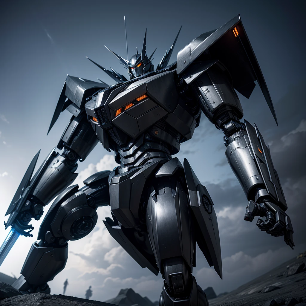 Black and silver battle mecha, realistic with a sword in his right hand
