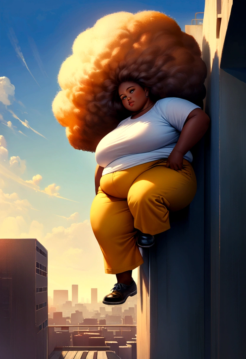 A woman with a big afro, realistic image of an obese black girl, wearing a white t-shirt and yellow pants, stands on the edge of a building