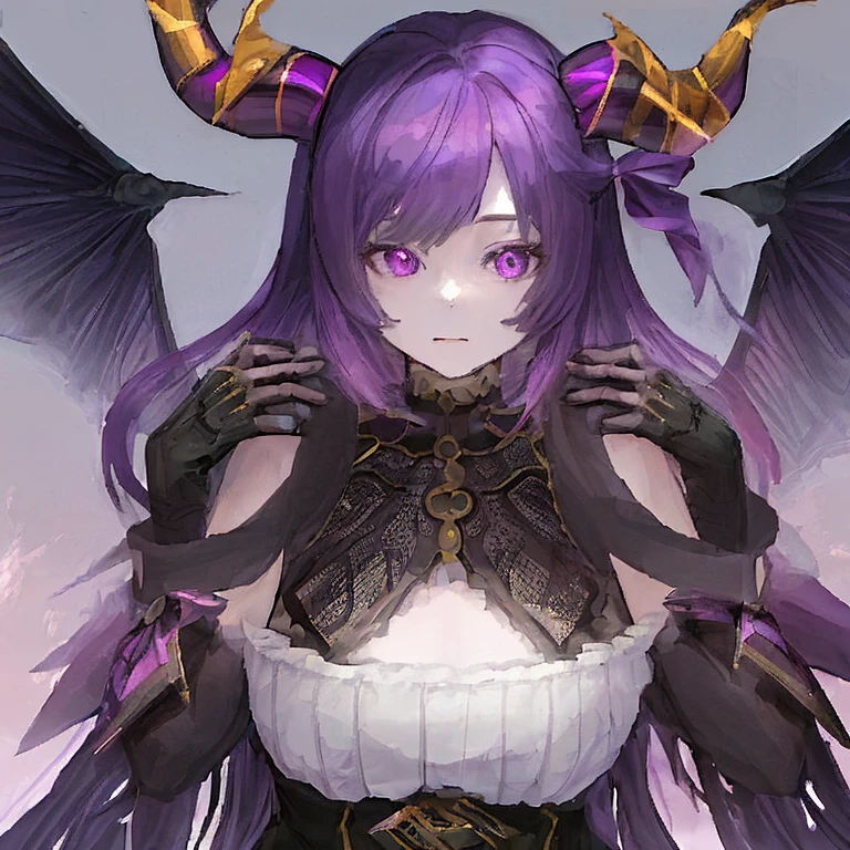 (((One Woman)))、A purple-haired woman in her 20s、Two horns、Coated wings、Bust up shot、Fantasy、In front of a white wall