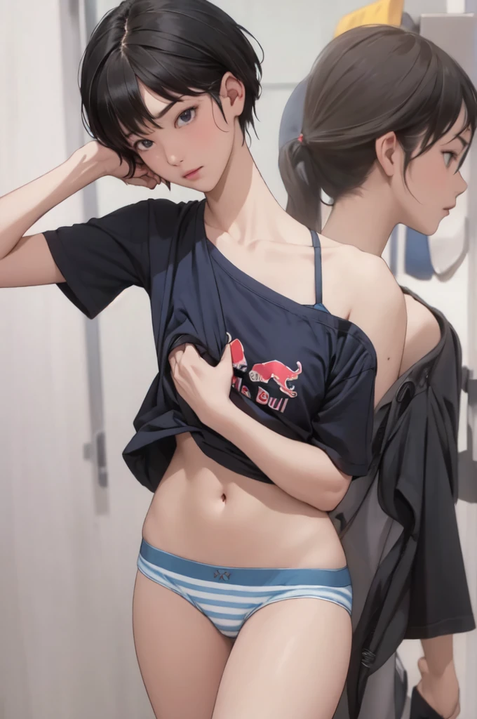 ((masterpiece, best quality)),((highres:1.2)), 1 Girl, solo, Blurred Background, (((Small breasts))), Thighs, (Stripe underwear), red bull T-Shirts, nipple, pixie cut