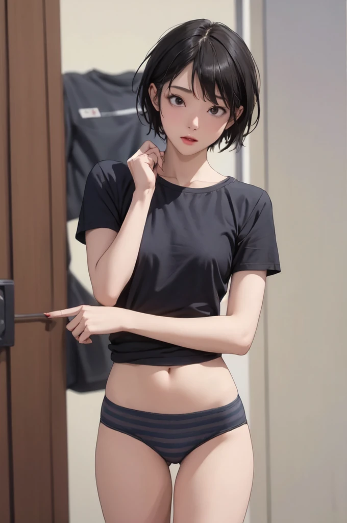 ((masterpiece, best quality)),((highres:1.2)), 1 Girl, solo, Blurred Background, (((Small breasts))), Thighs, (Stripe underwear), red bull T-Shirts, nipple, pixie cut