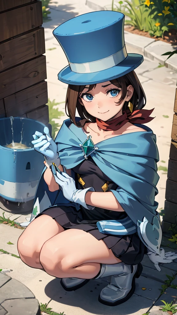 (masterpiece, Highest quality:1.2), From above, alone, One girl, Trucy Light, Ahetoble, Cape, White gloves, scarf, Earrings 、Embarrassed smile、Protruding nipples、Pussy、Open your feet wide、squat、You can see in full view、Urinating、Peeing、