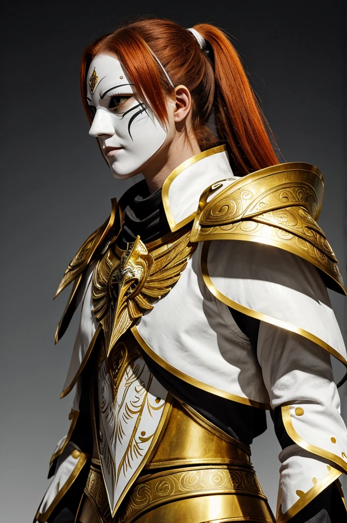 A white crow mask, white armor with gold details, slim female silhouette, the crow mask he wears, just like his armor, It is white with gold details., highlighting a mark similar to a heart in the middle of the forehead of said crow mask and his distinguished reddish almost orange hair collected with a ponytail., whole body, anime style, lanza, fight, whole body