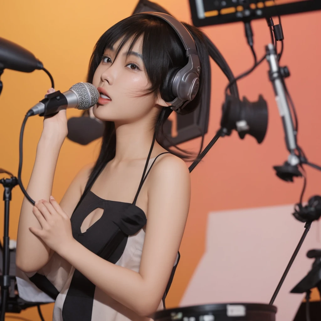 Asian girl in a studio with a microphone