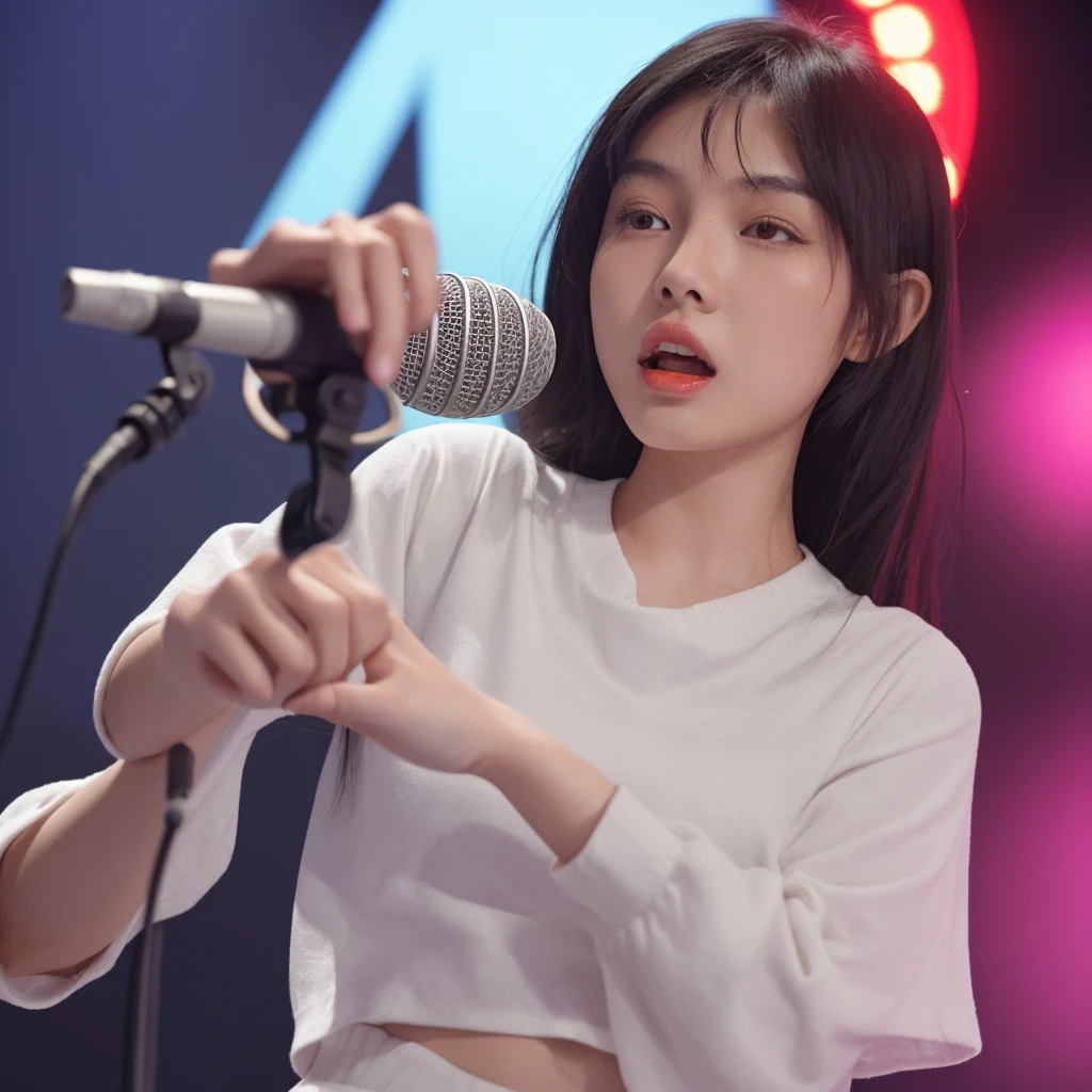 Asian girl in a studio with a microphone